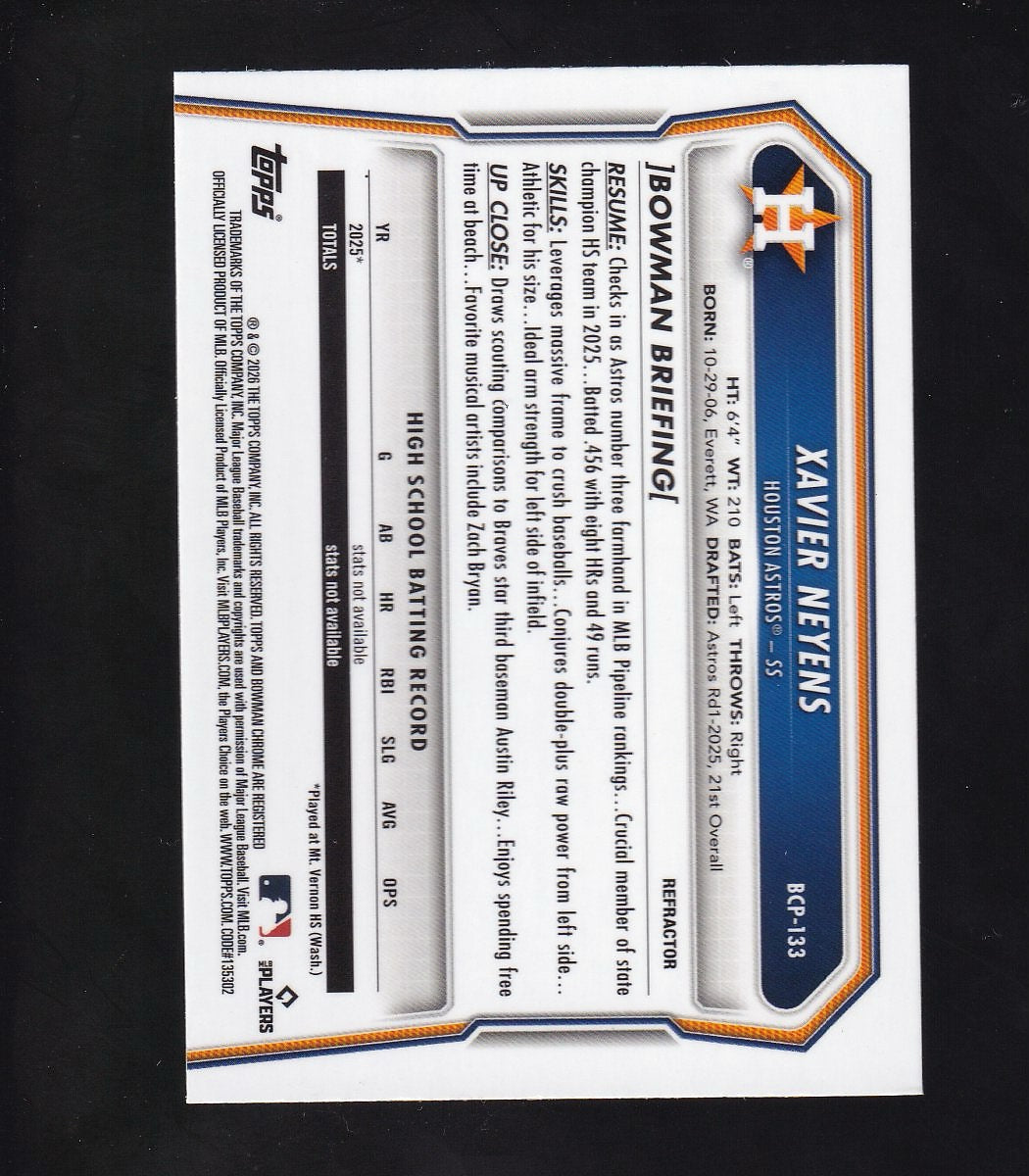 2026 Bowman #BP-133 Xavier Neyens Prospects Chrome /199