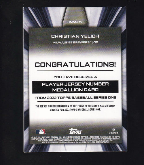 2022 Topps #JNM-CY Christian Yelich Player Jersey Number Medallion Commemorative