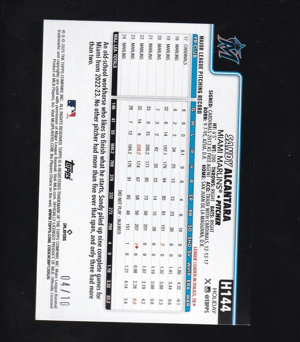 2025 Topps Holiday #H144 Sandy Alcantara Red Metallic Holiday #/10