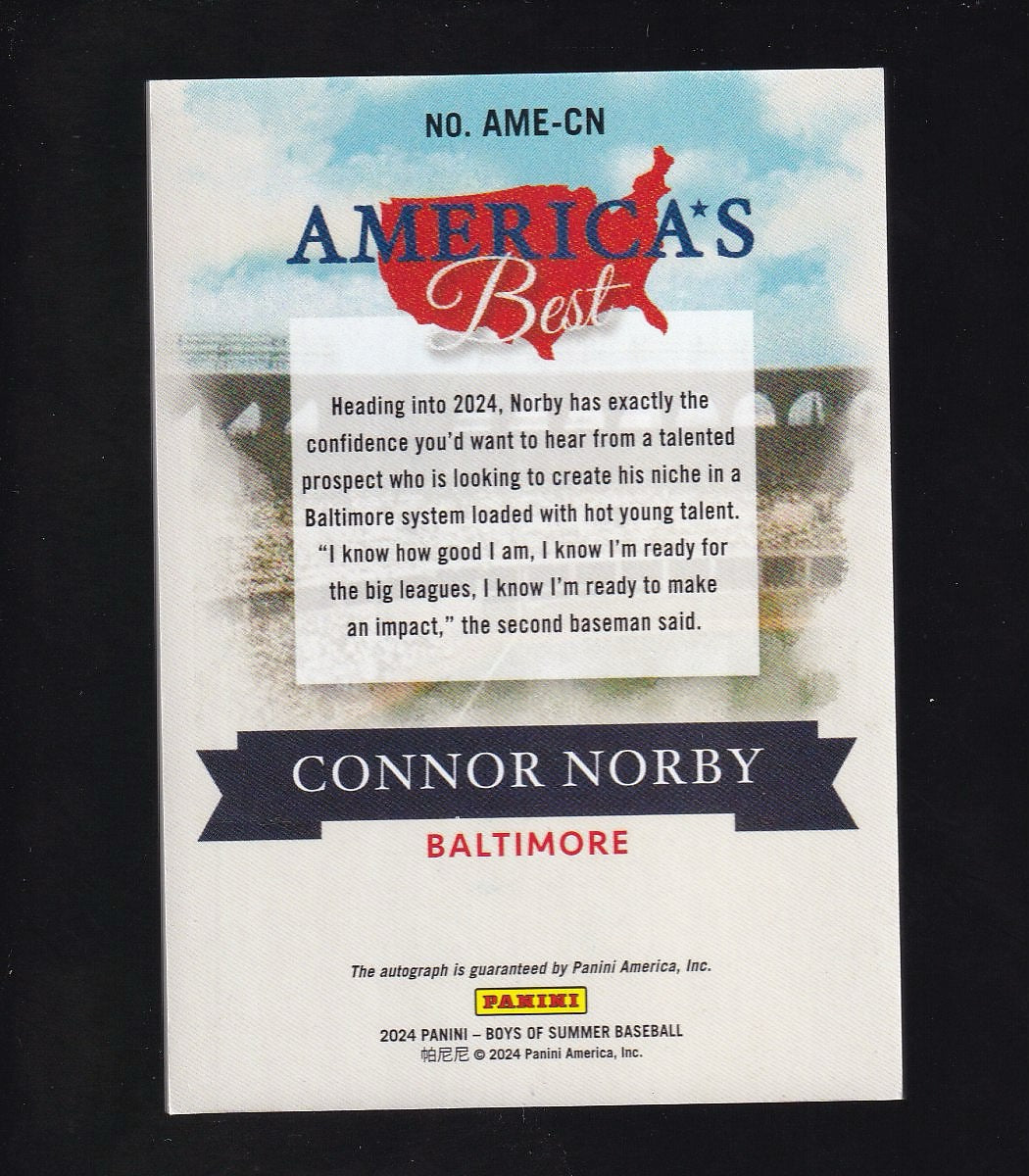 2024 Panini Boys of Summer #AME-CN Connor Norby Signatures Holo Gold 7/10