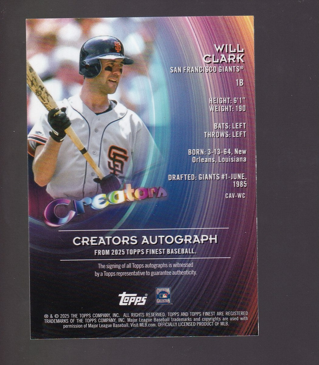 2025 Finest #CAV-WC Will Clark Creators Autographs Blue Refractors #/99