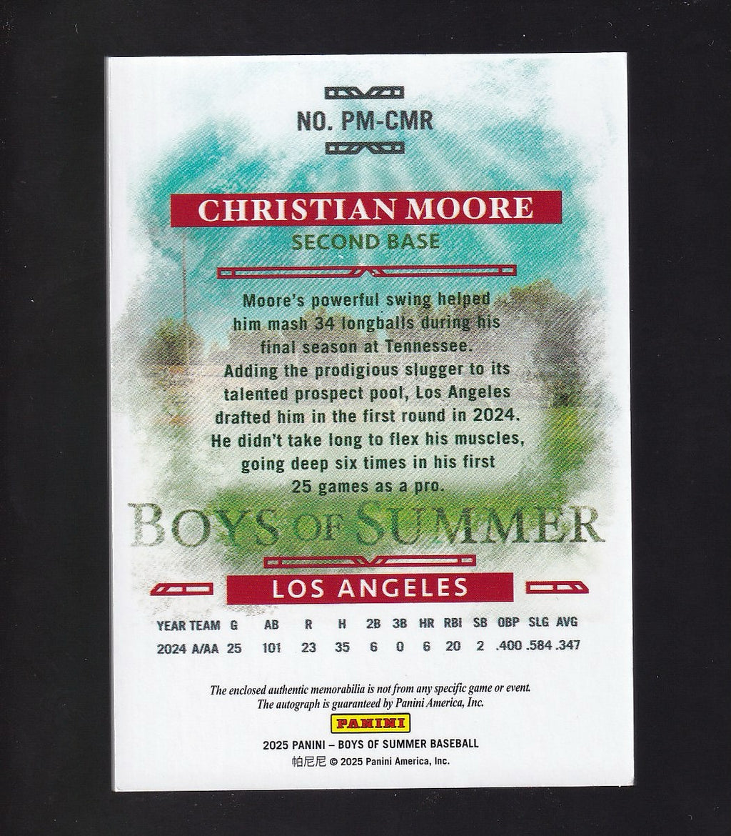 2025 Panini Boys of Summer #PM-CMR Christian Moore Relic Signatures Silver