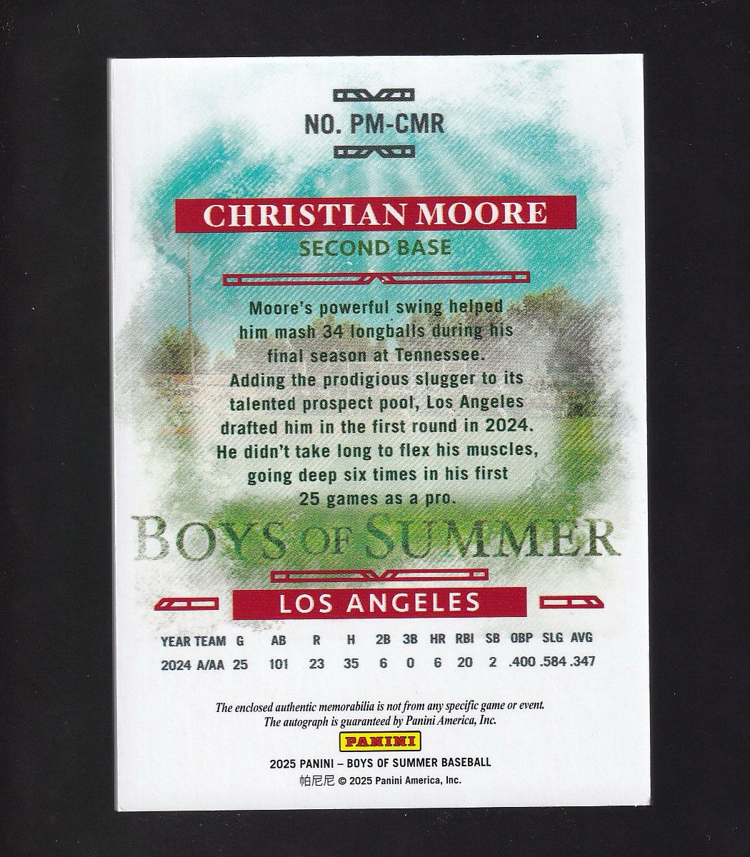 2025 Panini Boys of Summer #PM-CMR Christian Moore Relic Signatures Silver