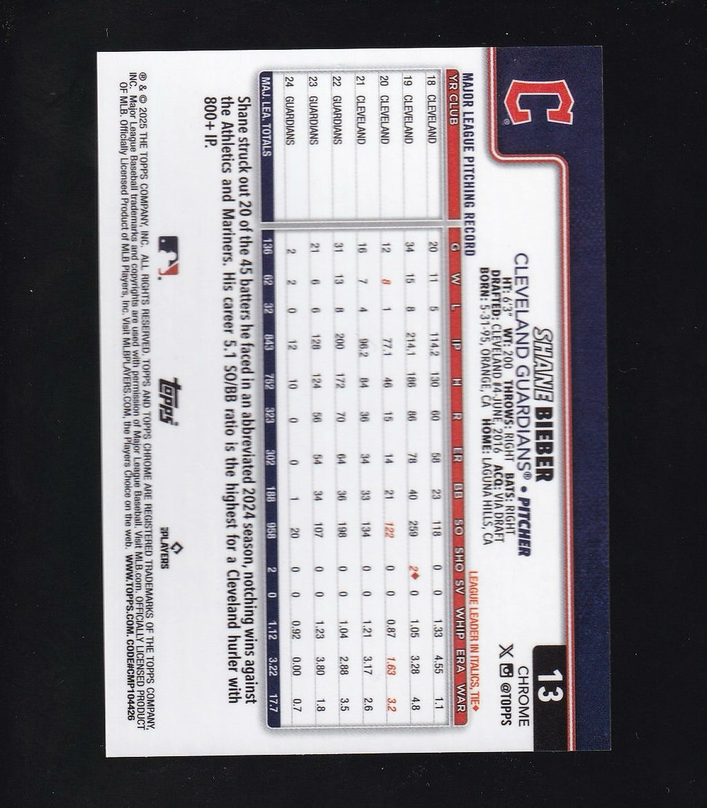 2025 Topps Chrome #13 Shane Bieber Orange Lava 7/25