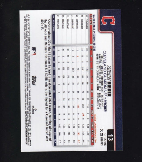 2025 Topps Chrome #13 Shane Bieber Orange Lava #/25