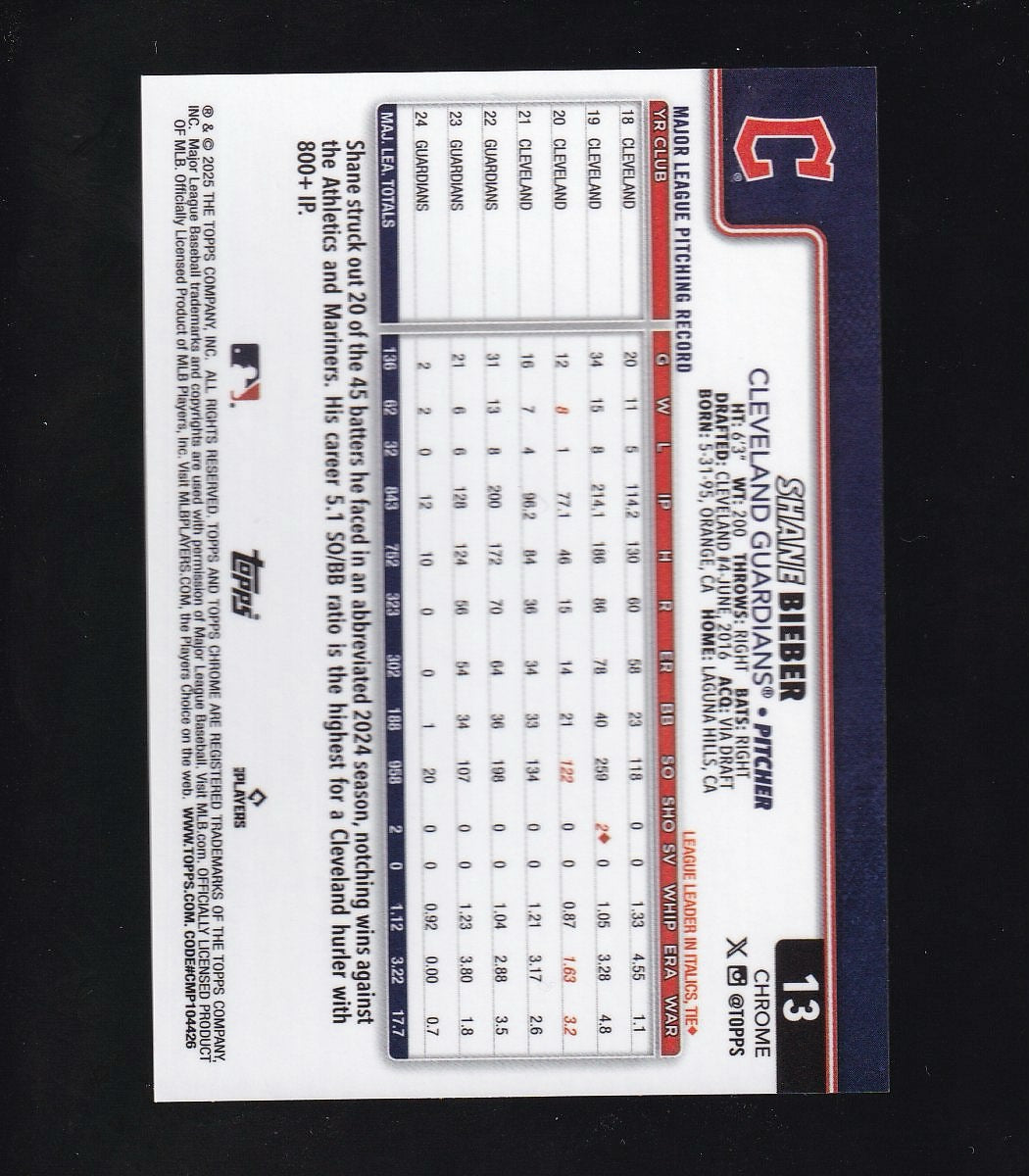 2025 Topps Chrome #13 Shane Bieber Orange Lava 7/25
