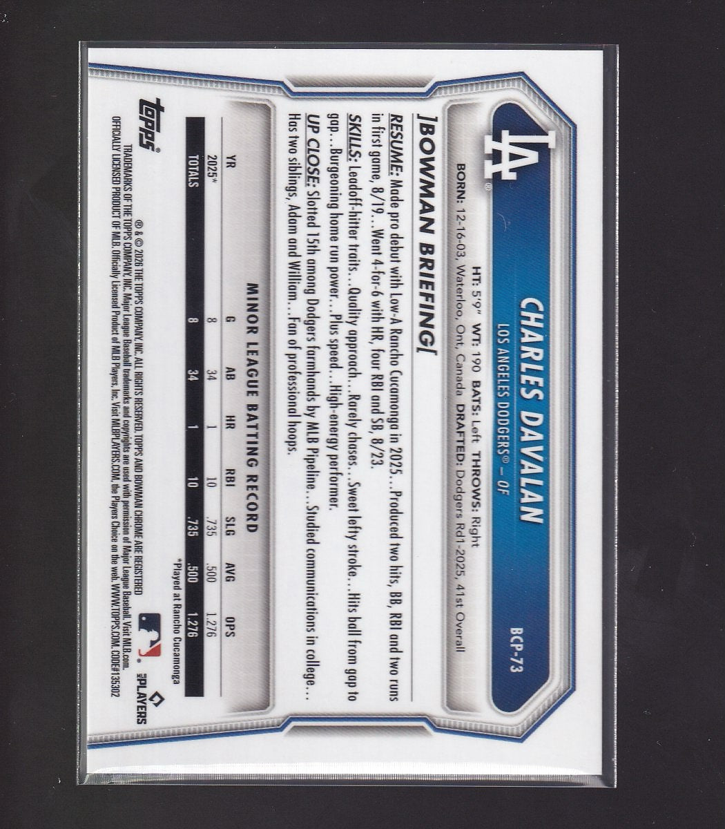 2026 Bowma #BCP-73 Charles Davalan Chrome Prospects Green Grass Refractor