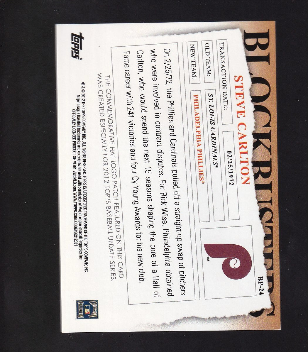 2012 Topps Update #BP-24 Steve Carlton Blockbusters Commemorative Hat Logo Patch