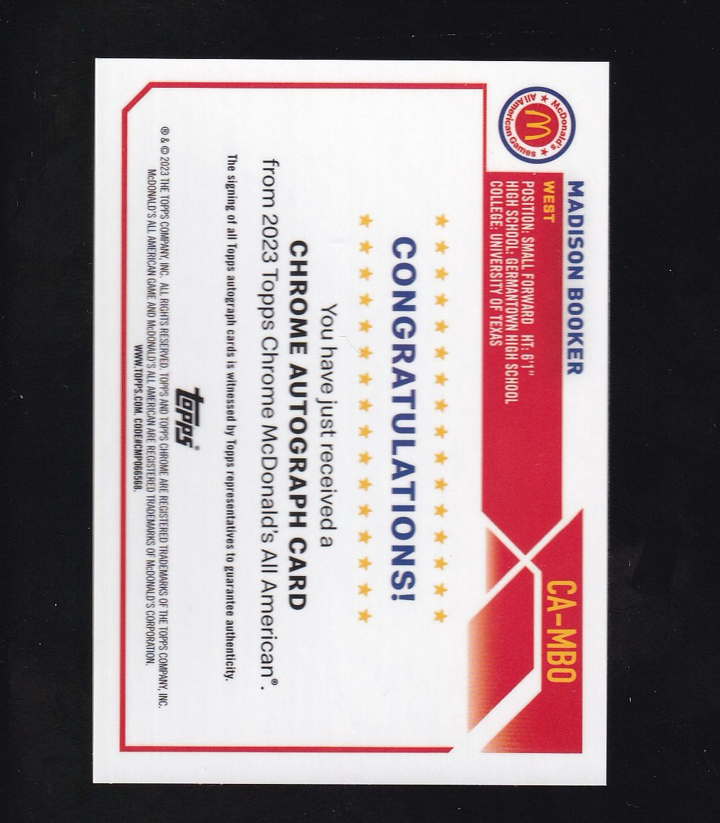 Topps Chrome McDonald's All American #CA-MBO Madison Booker Chrome Autographs