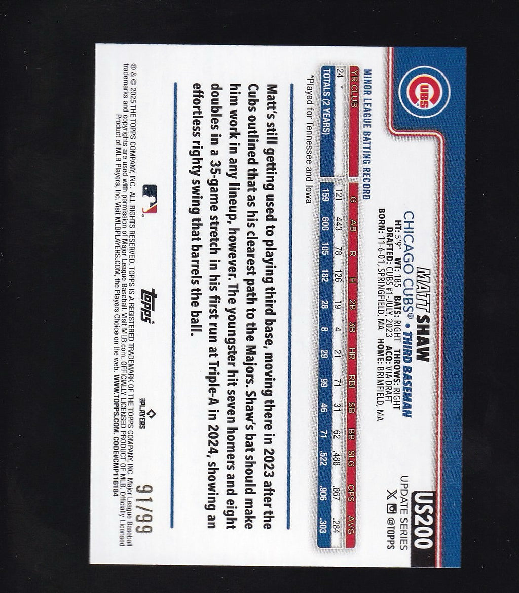 2025 Topps Update #US200 Matt Shaw Green Refractor #/99