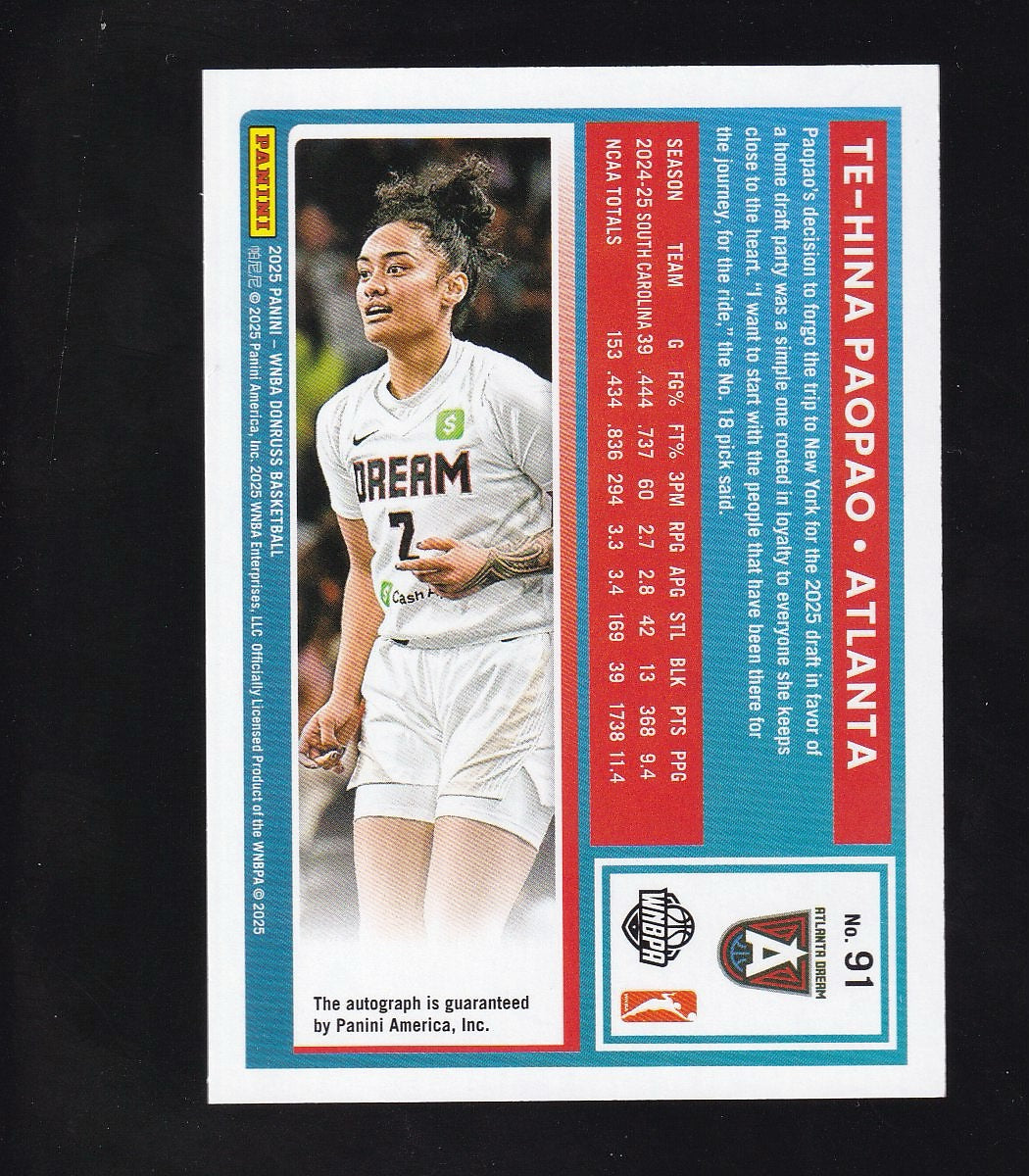 2025 Donruss WNBA #91 Te-Hina Paopao Rated Rookies Signatures