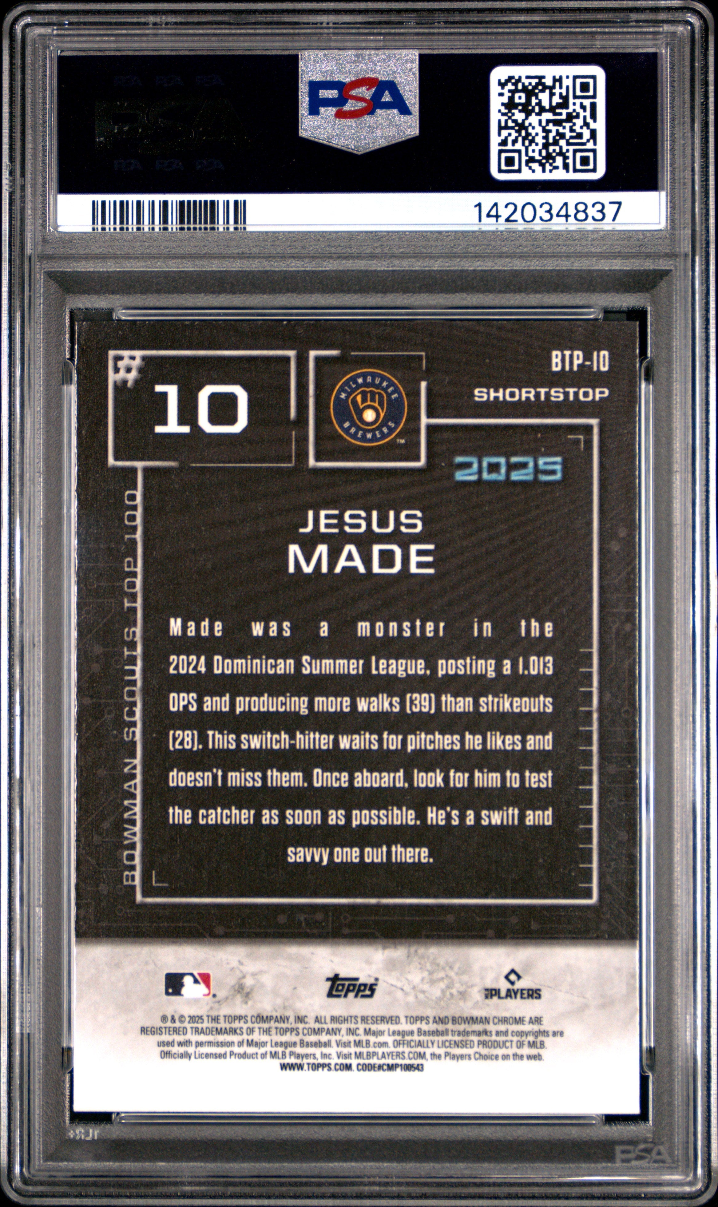 2025 Bowman Scouts' Top 100 #BTP10 Jesus Made PSA 8