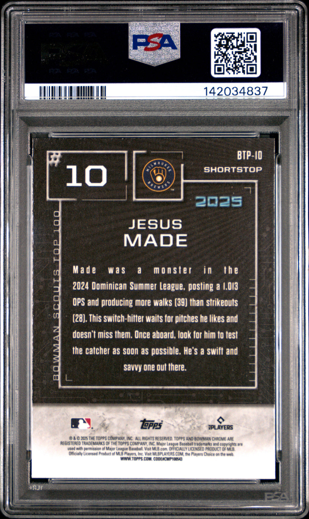 2025 Bowman Scouts' Top 100 #BTP10 Jesus Made PSA 8