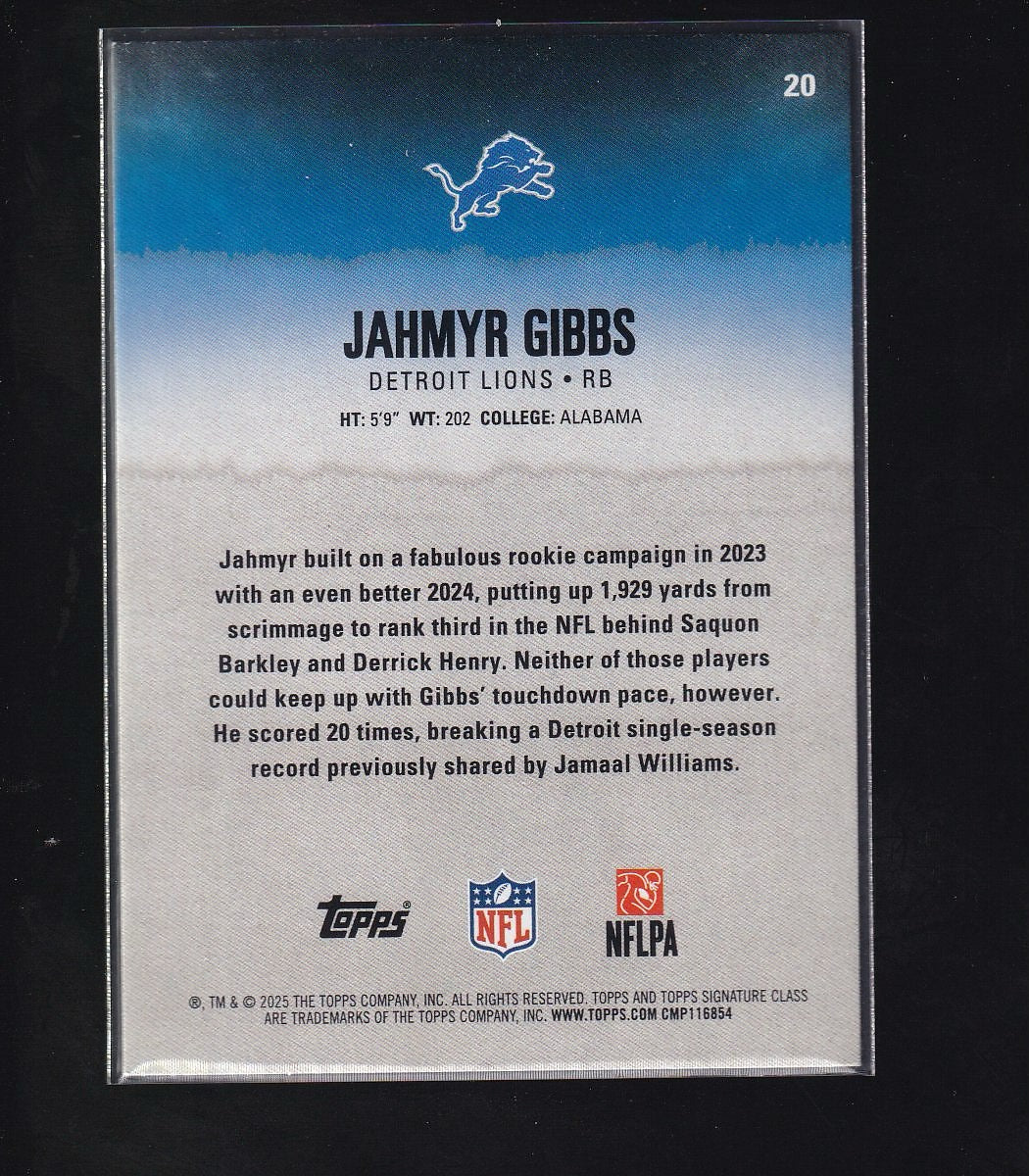 2025 Topps Signature Class #20 Jahmyr Gibbs Lime Green #/175