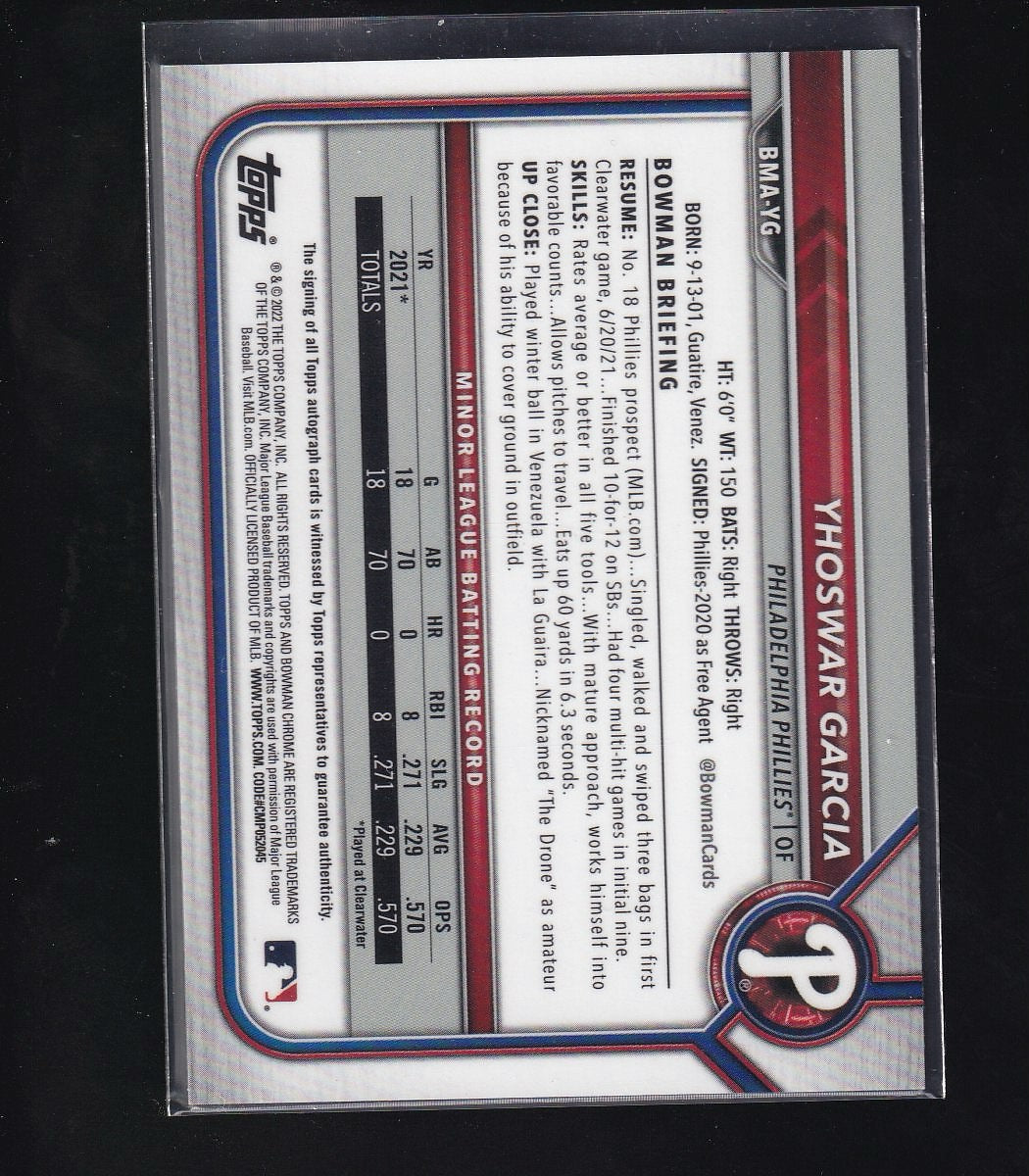 2022 Bowman #BMA-YG Yhoswar Garcia Chrome Prospects Autographs Mojo Refractors