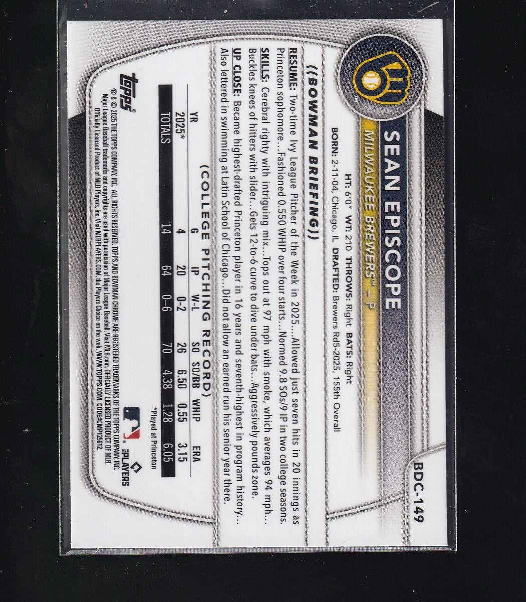 2025 Bowman Draft #BDC-149 Sean Episcope Chrome Aqua Reptilian Refractor #/125