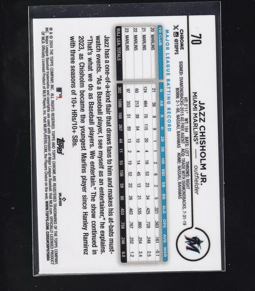 2024 Topps Chrome #70 Jazz Chisholm Jr. Purple Speckle Refractors #/299