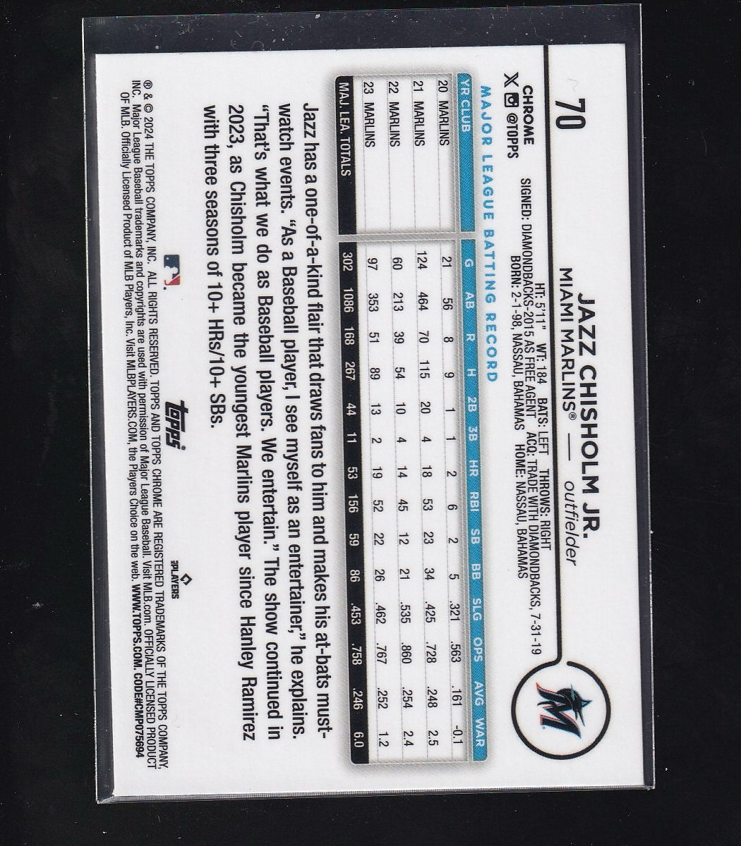 2024 Topps Chrome #70 Jazz Chisholm Jr. Purple Speckle Refractors #/299