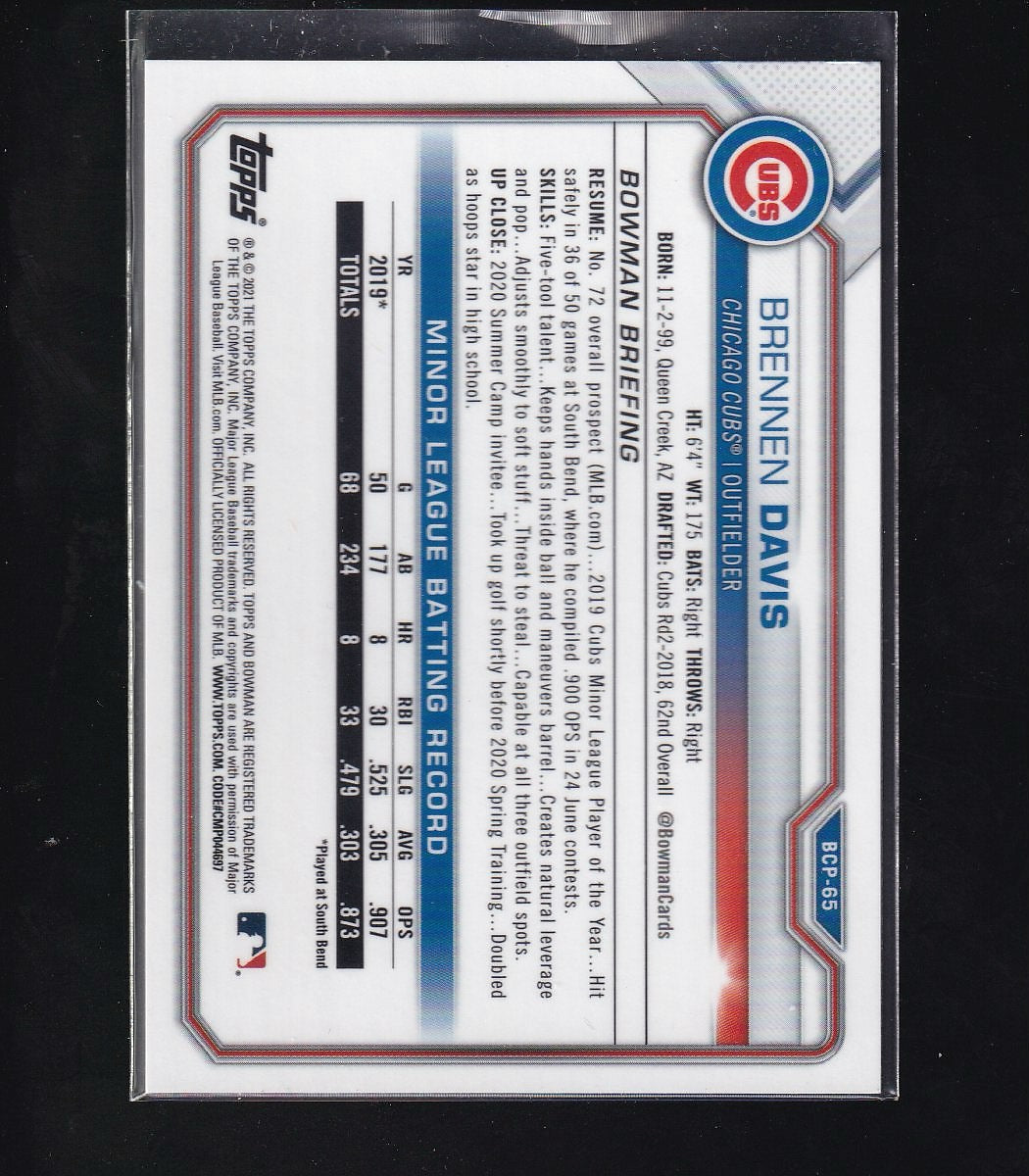 2021 Bowman #BCP-65 Brennen Davis Chrome Prospects Mojo Refractor Aqua #/225