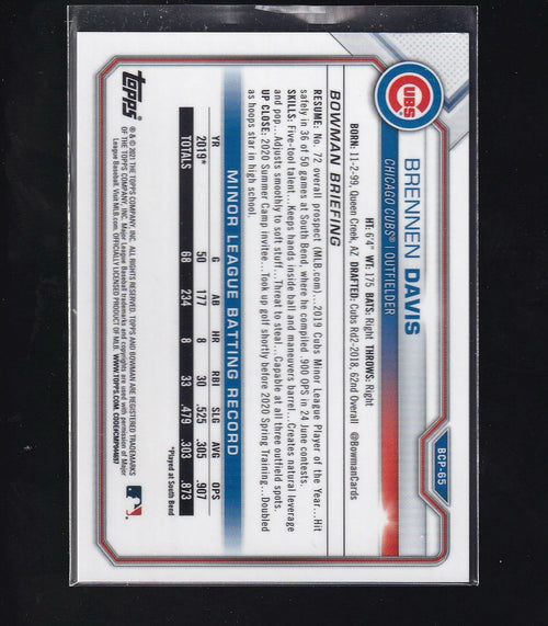 2021 Bowman #BCP-65 Brennen Davis Chrome Prospects Mojo Refractor Aqua #/225