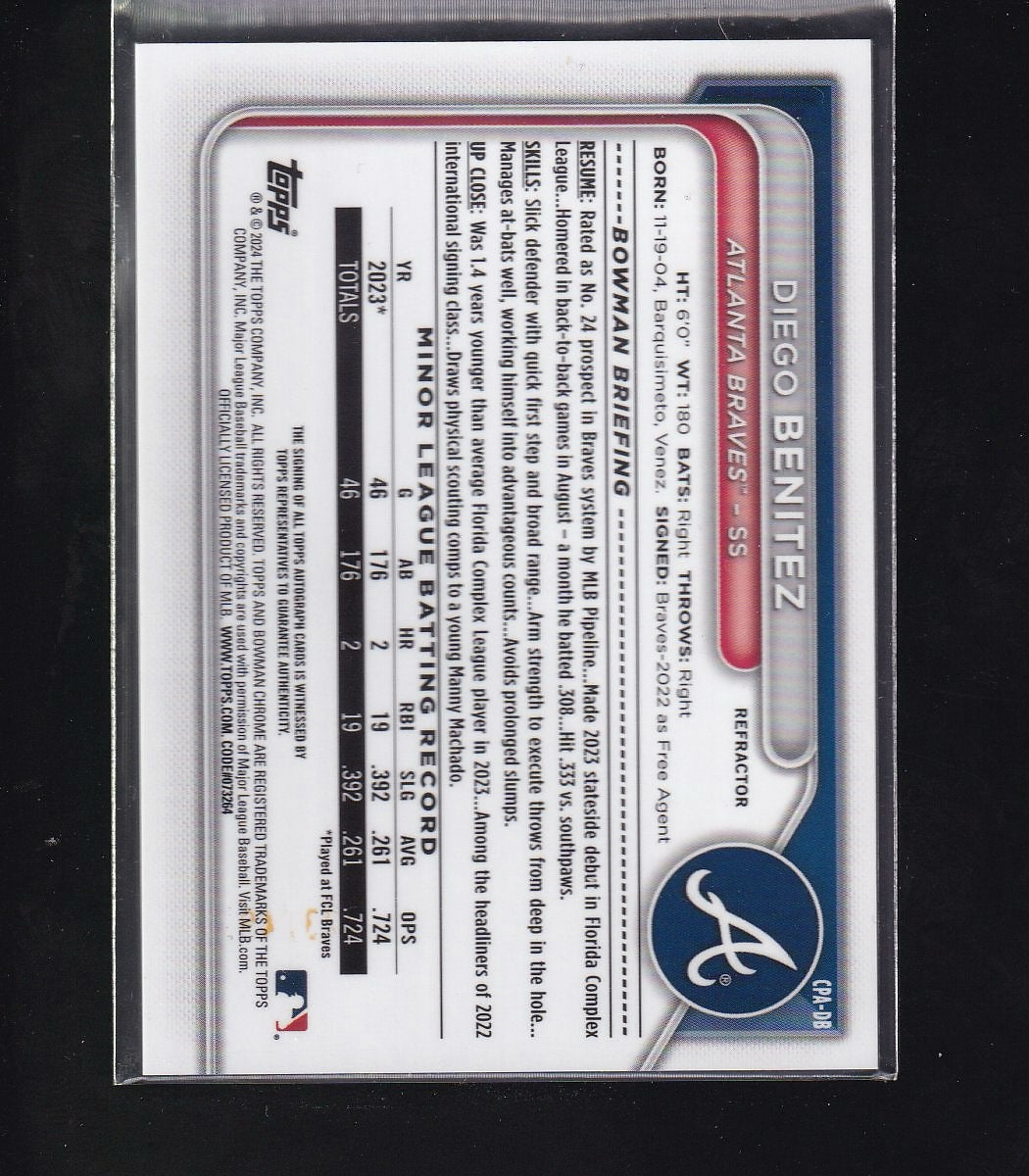 2024 Bowman #CPA-DB Diego Benitez Chrome Prospect Autographs Refractors #/499