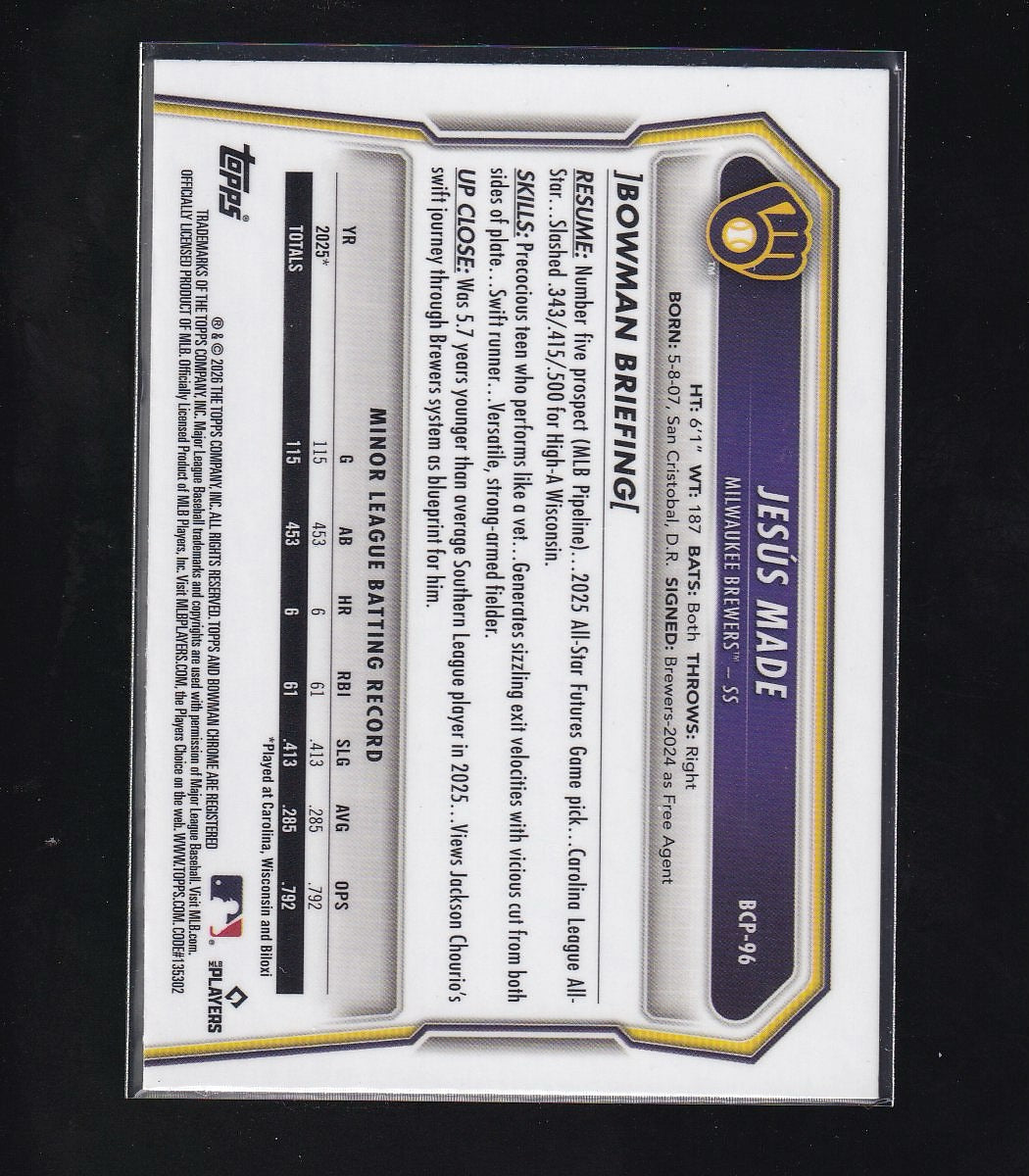 2026 Bowman #BCP-96 Jesús Made Chrome Prospects Lazer Refractor