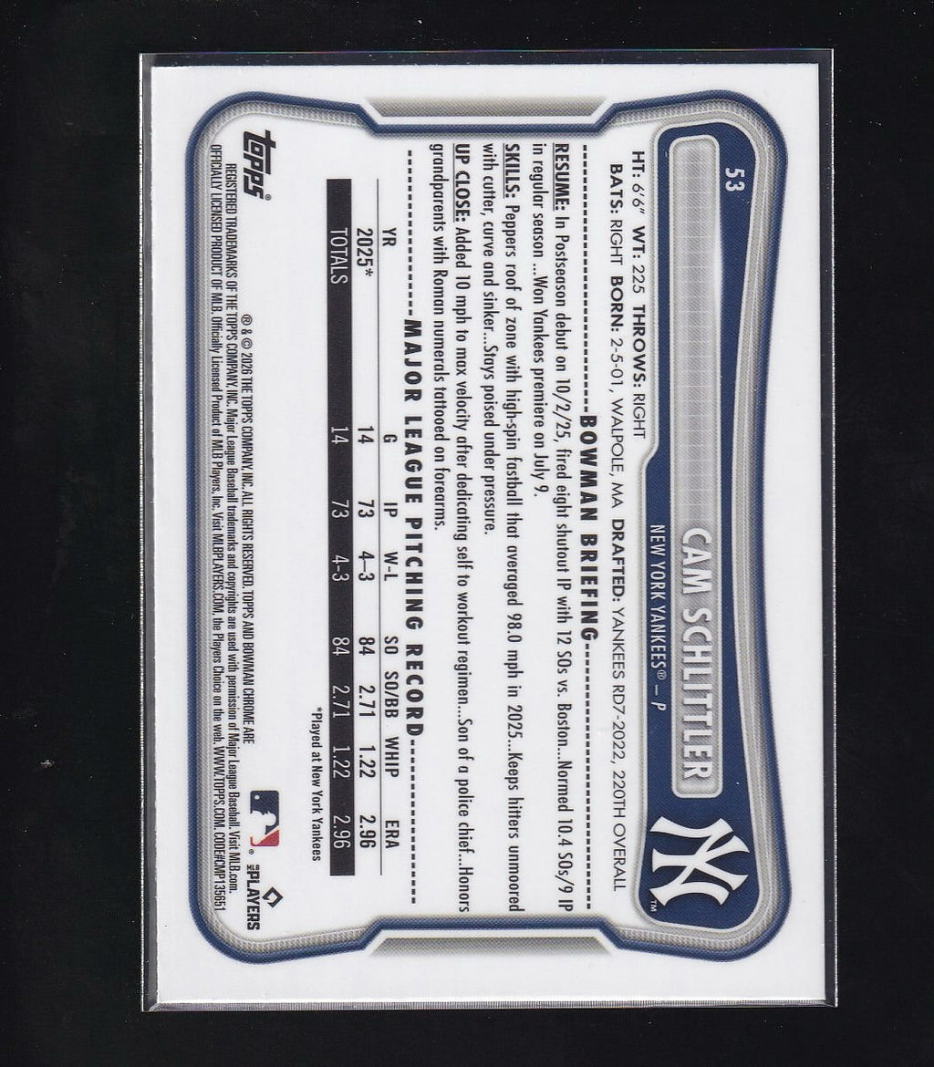 2026 Bowman #53 Cam Schlittler Chrome Mojo Refractors