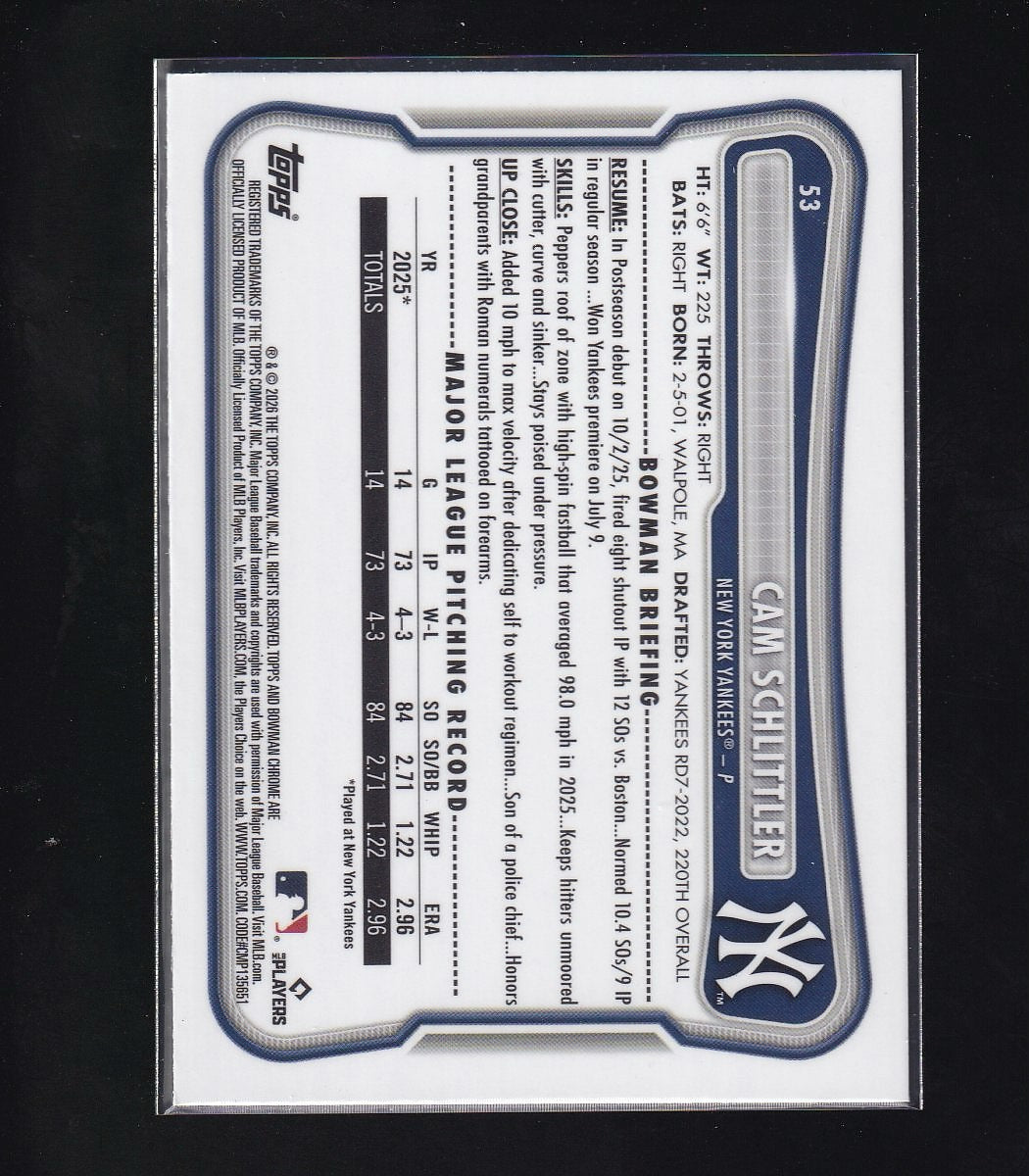 2026 Bowman #53 Cam Schlittler Chrome Mojo Refractors