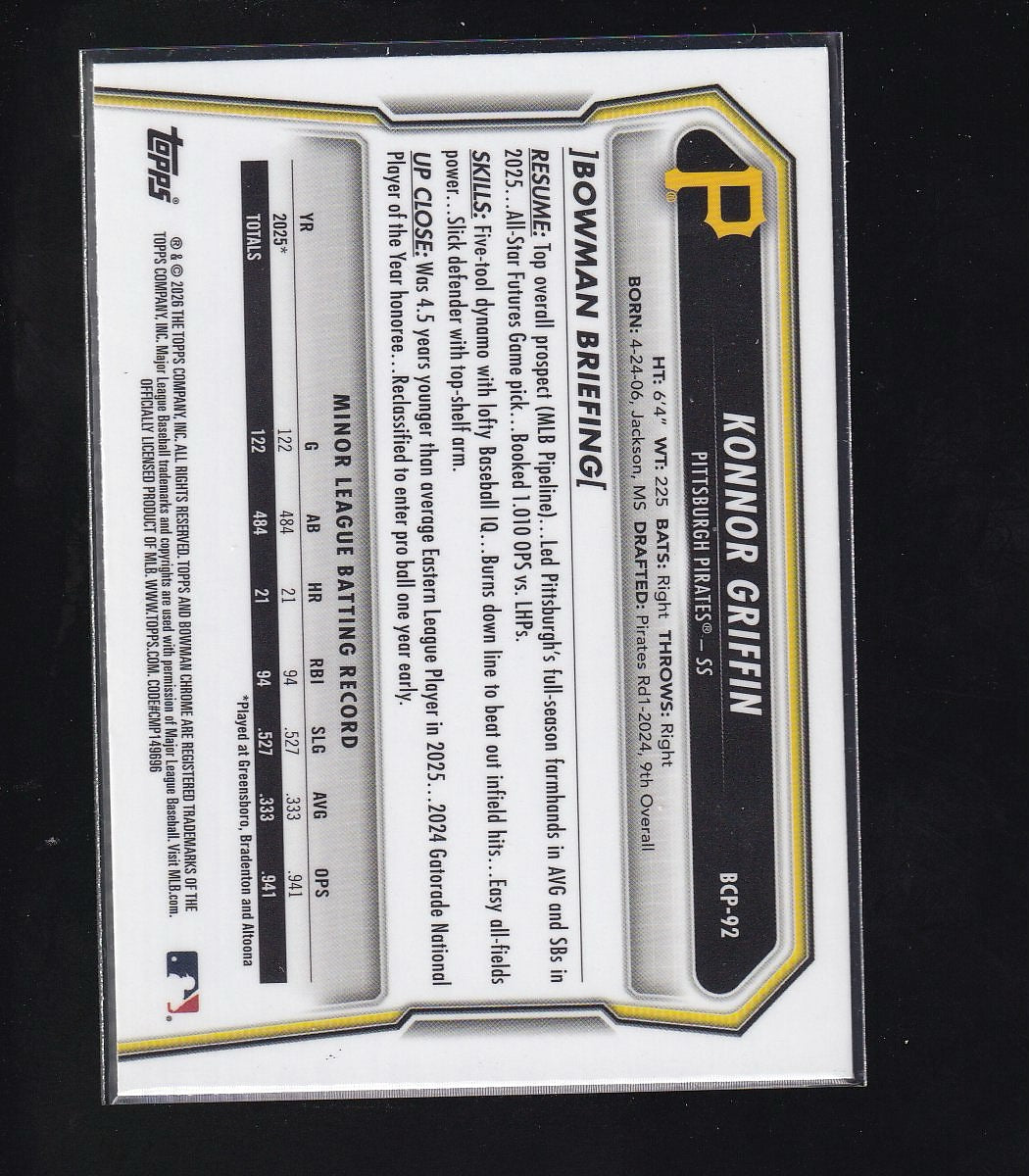2026 Bowman #BCP-92 Konnor Griffin Chrome Prospects Mojo Refractor
