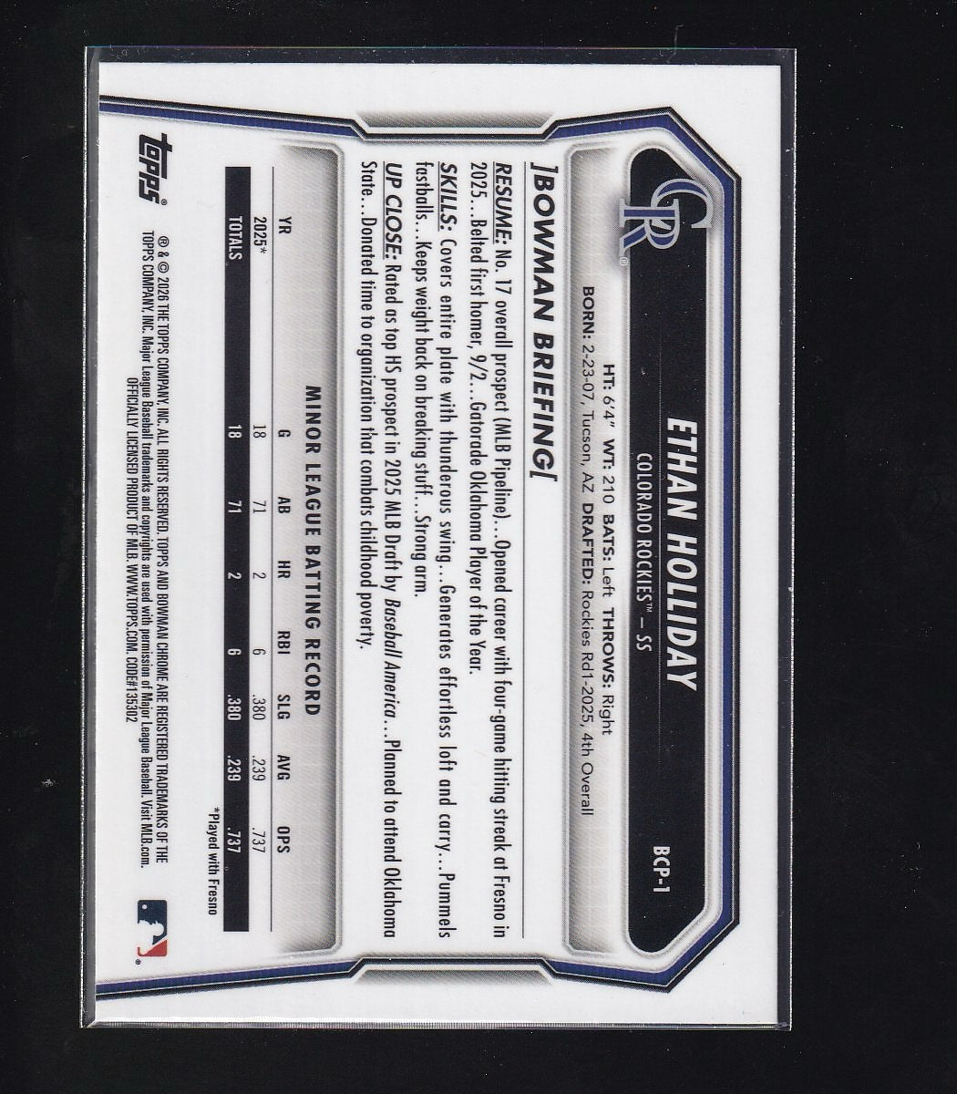 2026 Bowman #BCP-1 Ethan Holliday Chrome Prospects
