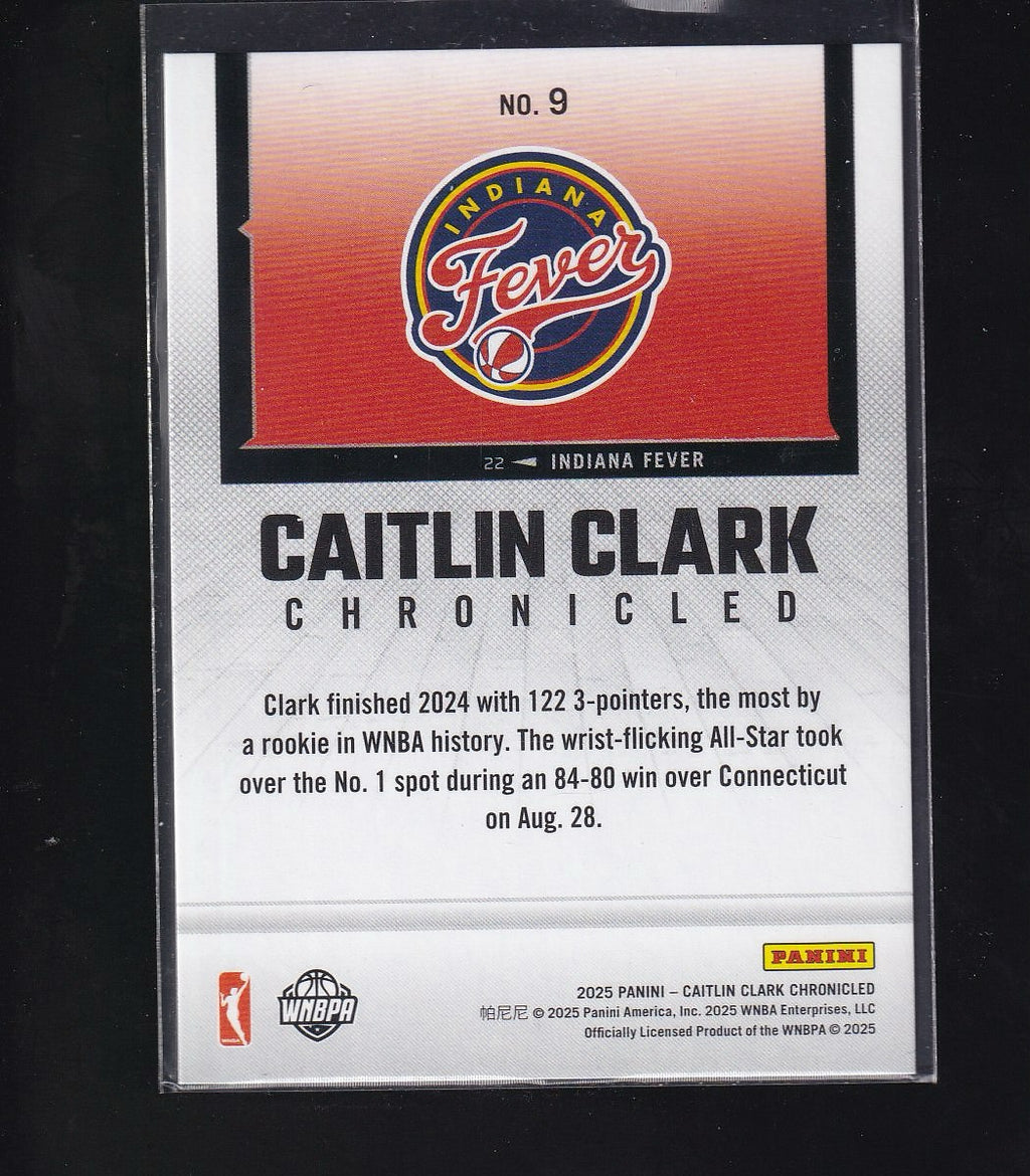 2025 Panini Caitlin Clark Chronicled #9 Caitlin Clark Red and Blue Holo #/99