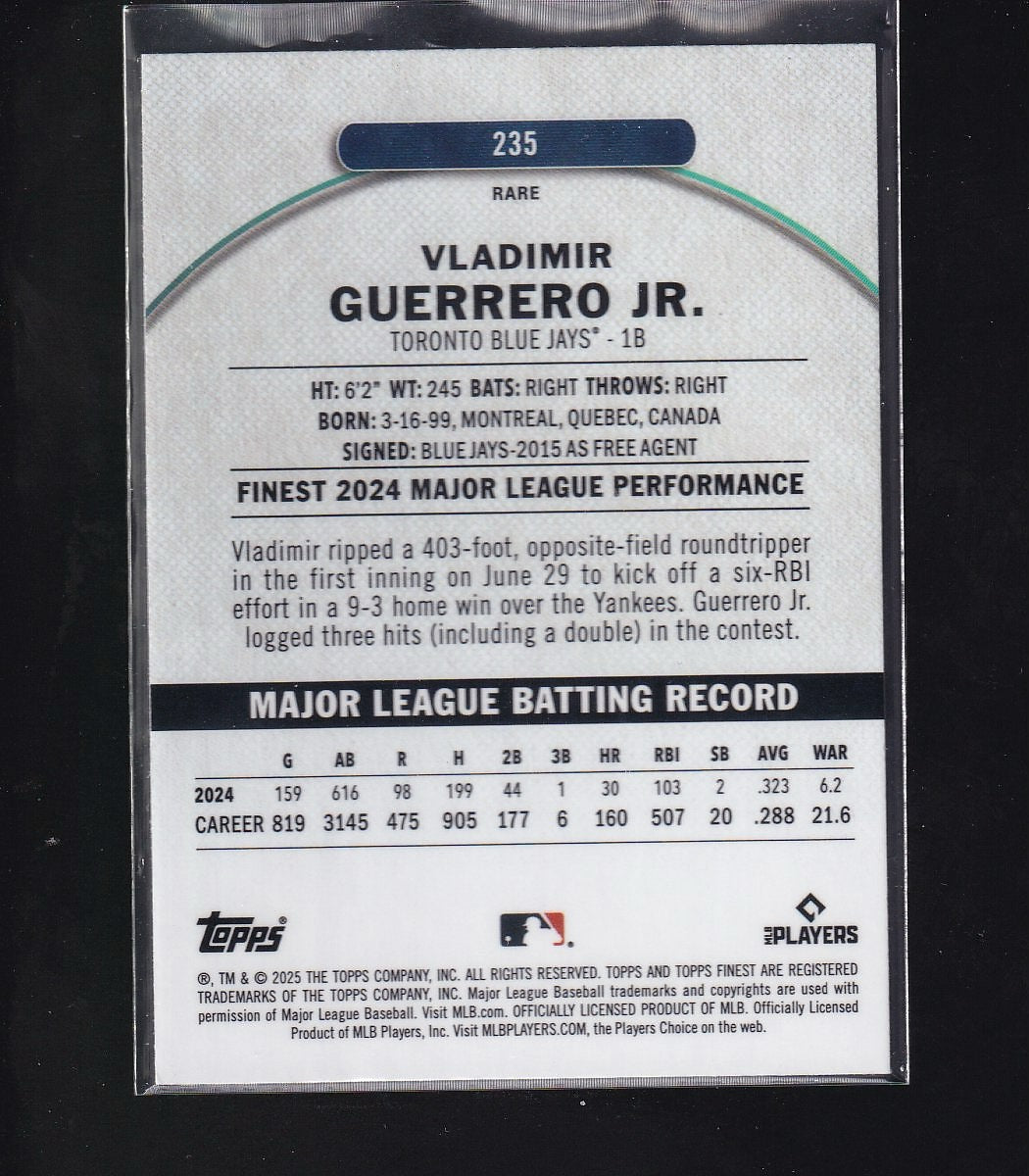 2025 Finest #235 Vladimir Guerrero Jr. Sky Blue Refractors #/150