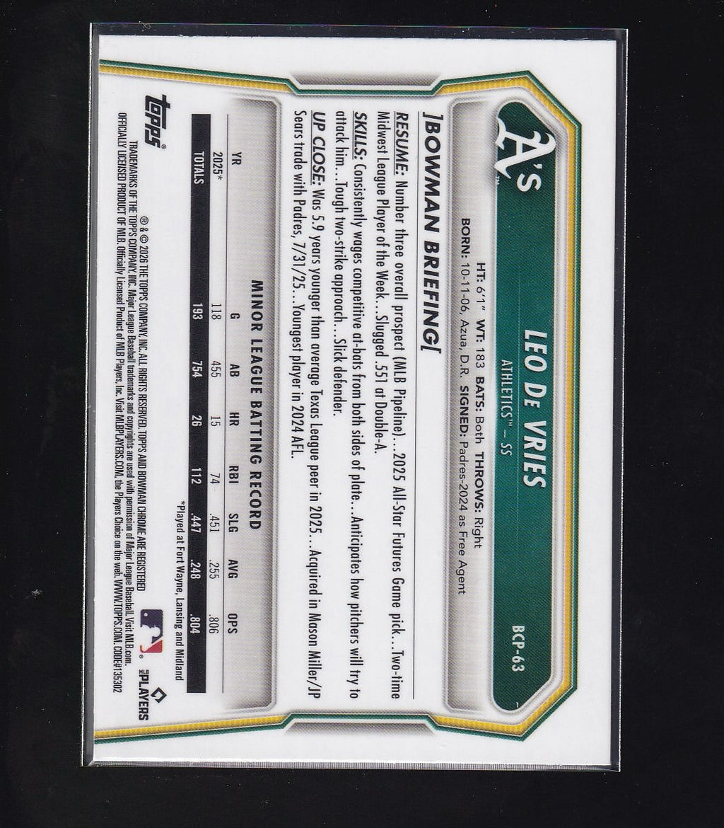 2026 Bowman #BCP-63 Leo De Vries Chrome Prospects Lazer Refractor