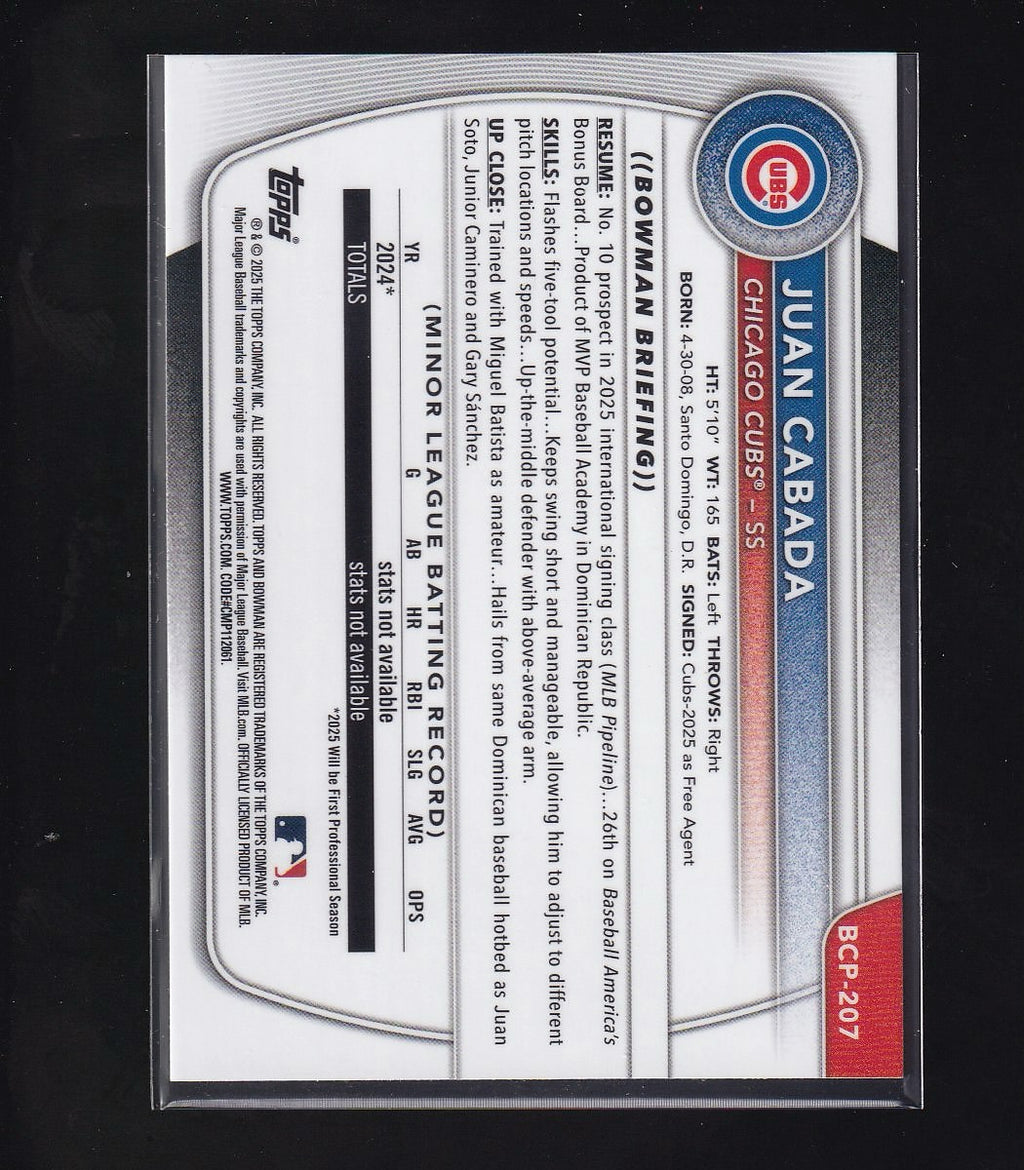 2025 Bowman Chrome #BCP-207 Juan Cabada Prospects Blue Wave #/150