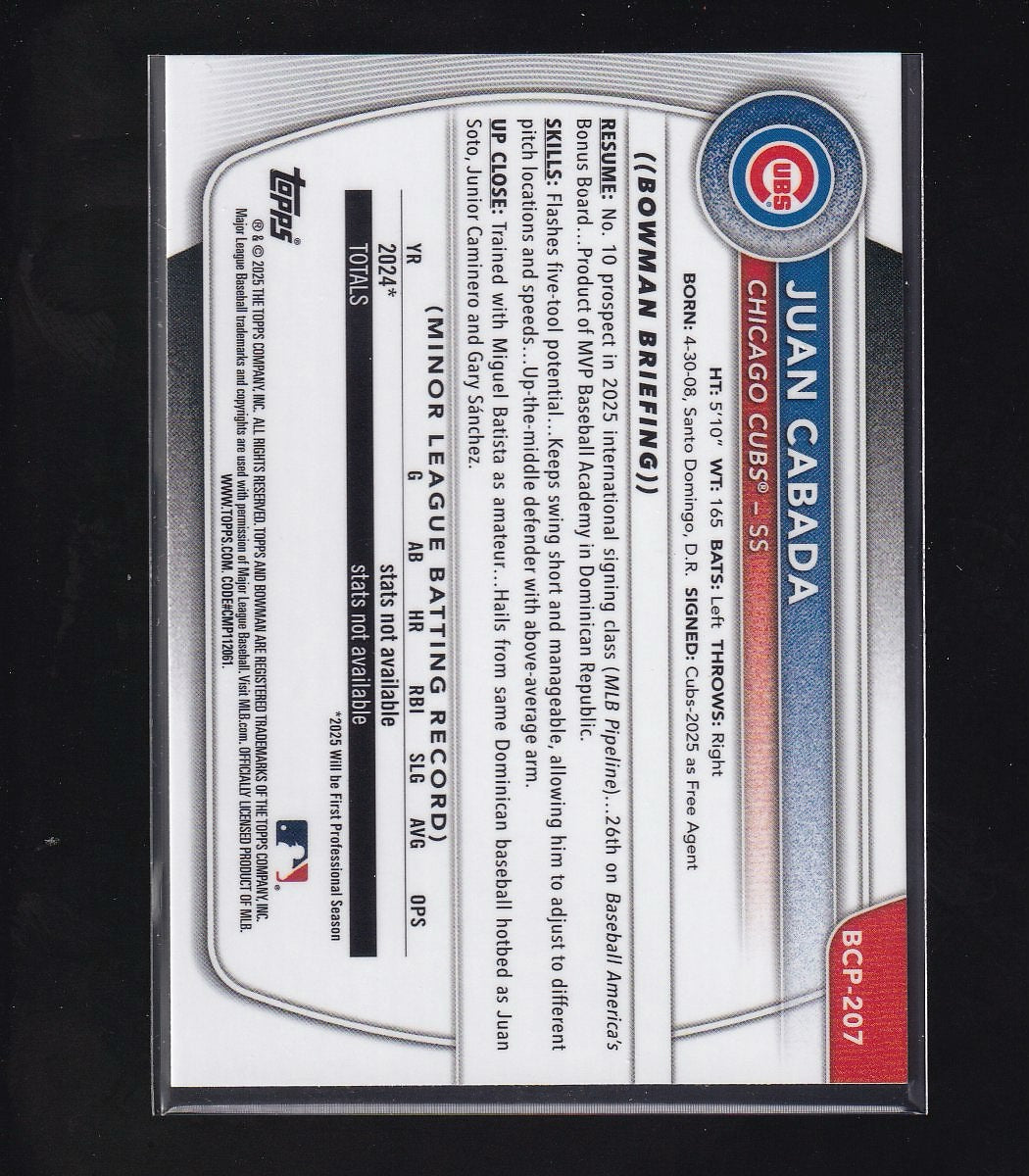 2025 Bowman Chrome #BCP-207 Juan Cabada Prospects Blue Wave #/150