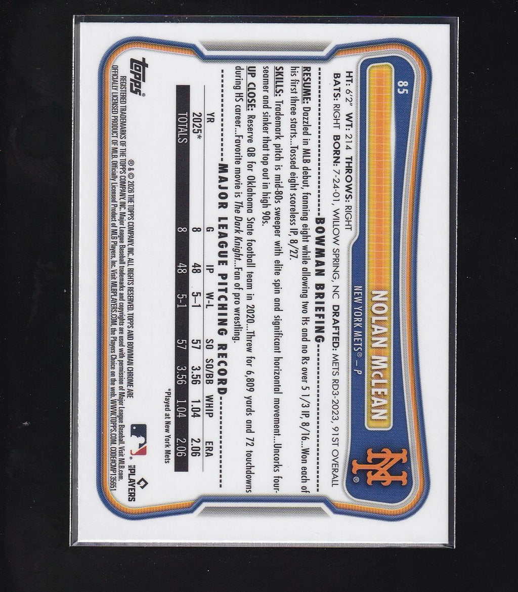2026 Bowman #85 Nolan McLean Chrome Mojo Refractors