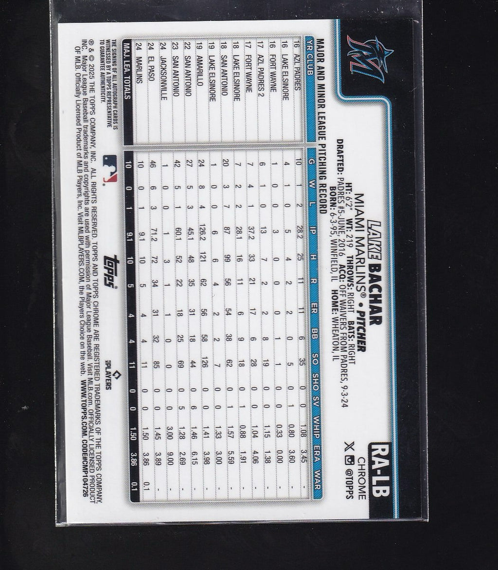 2025 Topps Chrome #RA-LB Lake Bachar Rookie Autographs Purple Refractors #/250