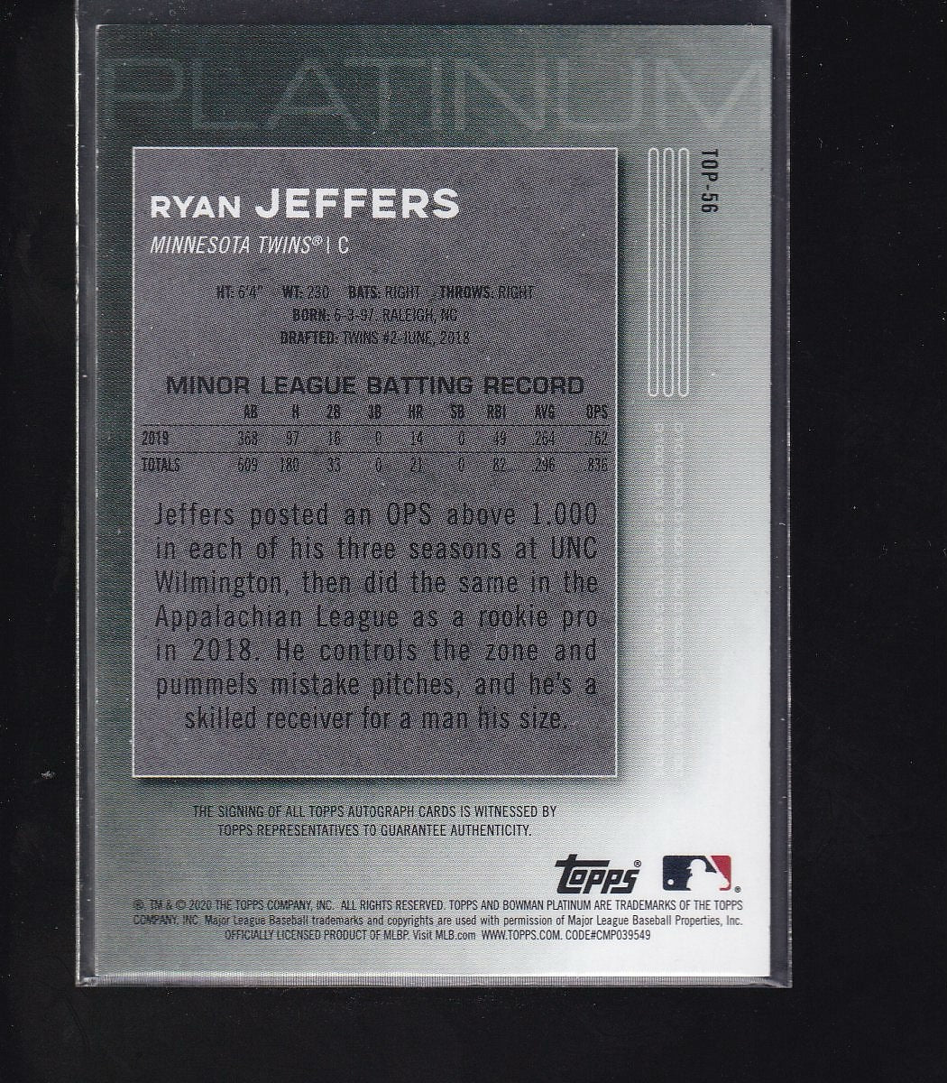2020 Bowman Platinum #TOP-56 Ryan Jeffers Top Prospect Autographs Purple #/199