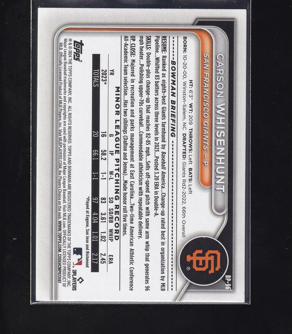 2024 Bowman #BP-96 Carson Whisenhunt Prospects Green Pattern #/99