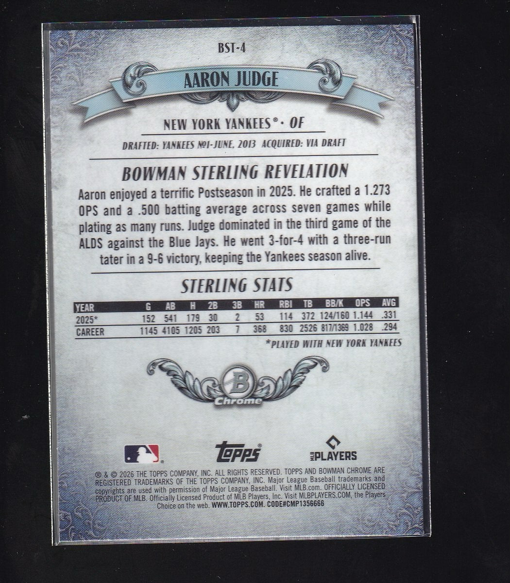 2026 Bowman #BST-4 Aaron Judge Bowman Sterling Mojo Refractors