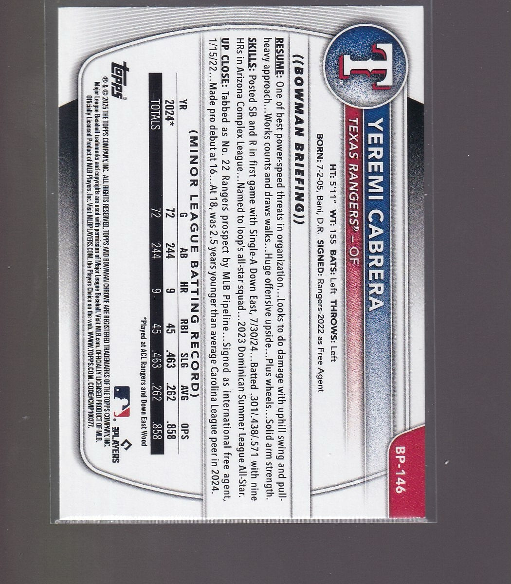 2025 Bowman #BP-146 Yeremi Cabrera Prospects Blue #/150