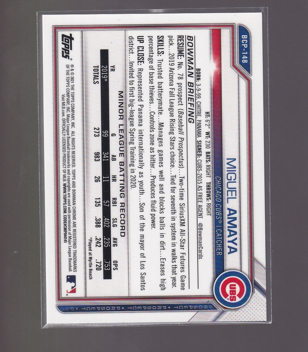 2021 Bowman #BCP-148 Miguel Amaya Chrome Prospects Fuchsia Shimmer #/199