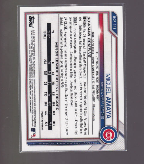 2021 Bowman #BCP-148 Miguel Amaya Chrome Prospects Fuchsia Shimmer #/199