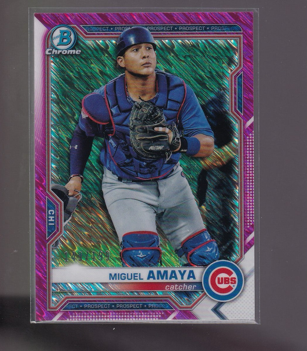 2021 Bowman #BCP-148 Miguel Amaya Chrome Prospects Fuchsia Shimmer #/199