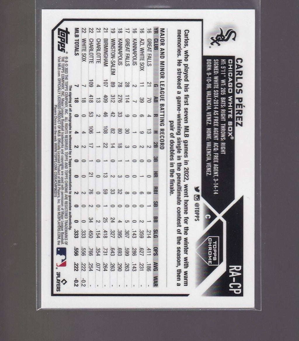 2023 Topps Chrome #RA-CP Carlos Pérez Rookie Autographs Blue RayWave #/150