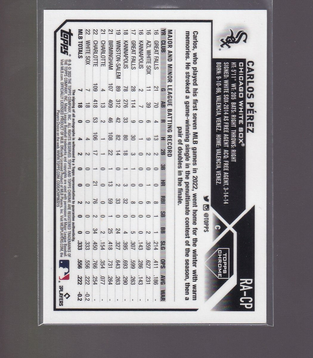 2023 Topps Chrome #RA-CP Carlos Pérez Rookie Autographs Blue RayWave #/150