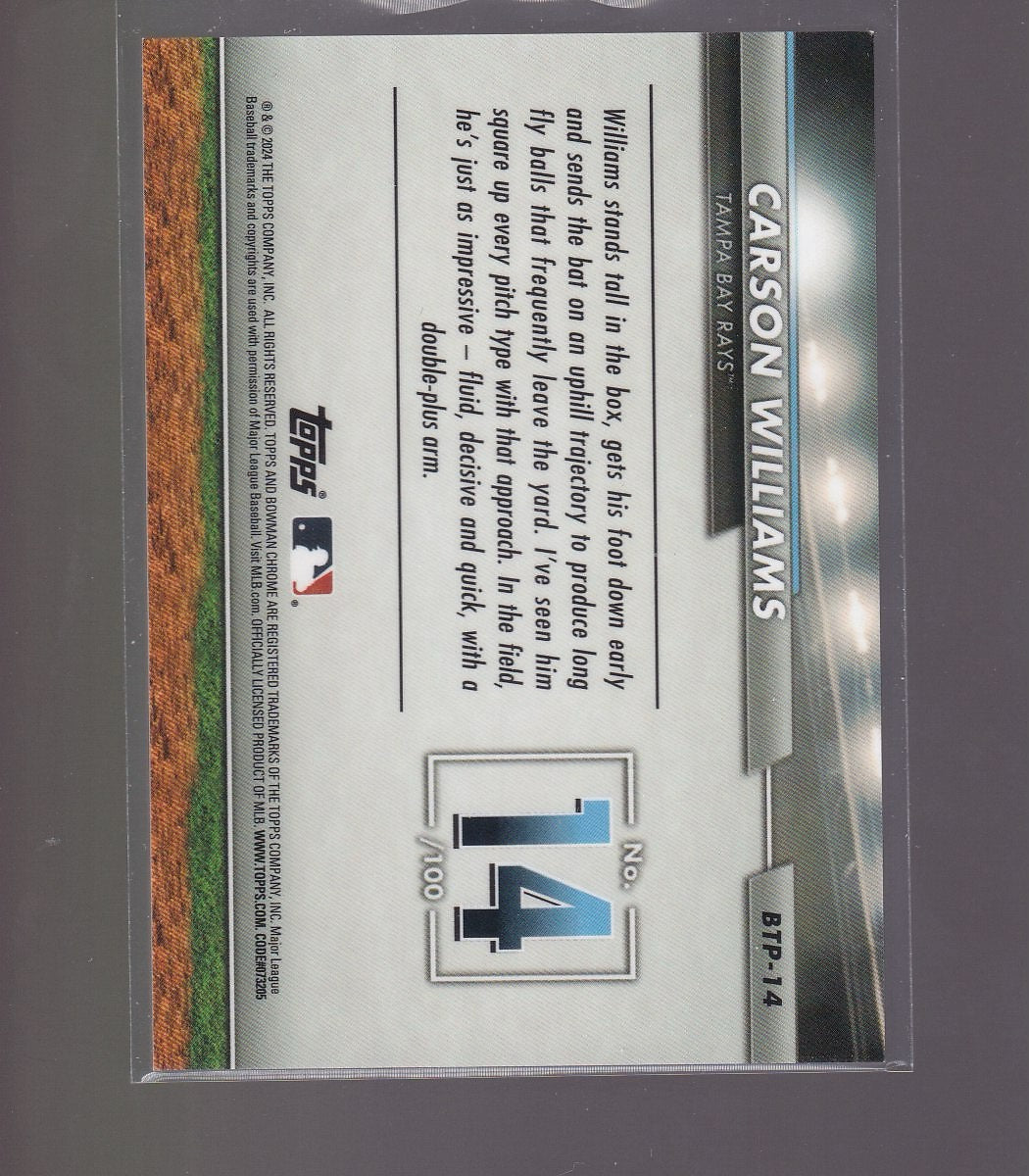 2024 Bowman #BTP-14 Carson Williams Bowman Scouts' Top 100 Aqua Refractors #/125
