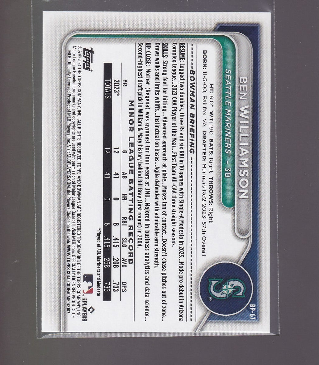 2024 Bowman #BP-67 Ben Williamson Prospects Neon Green #/399