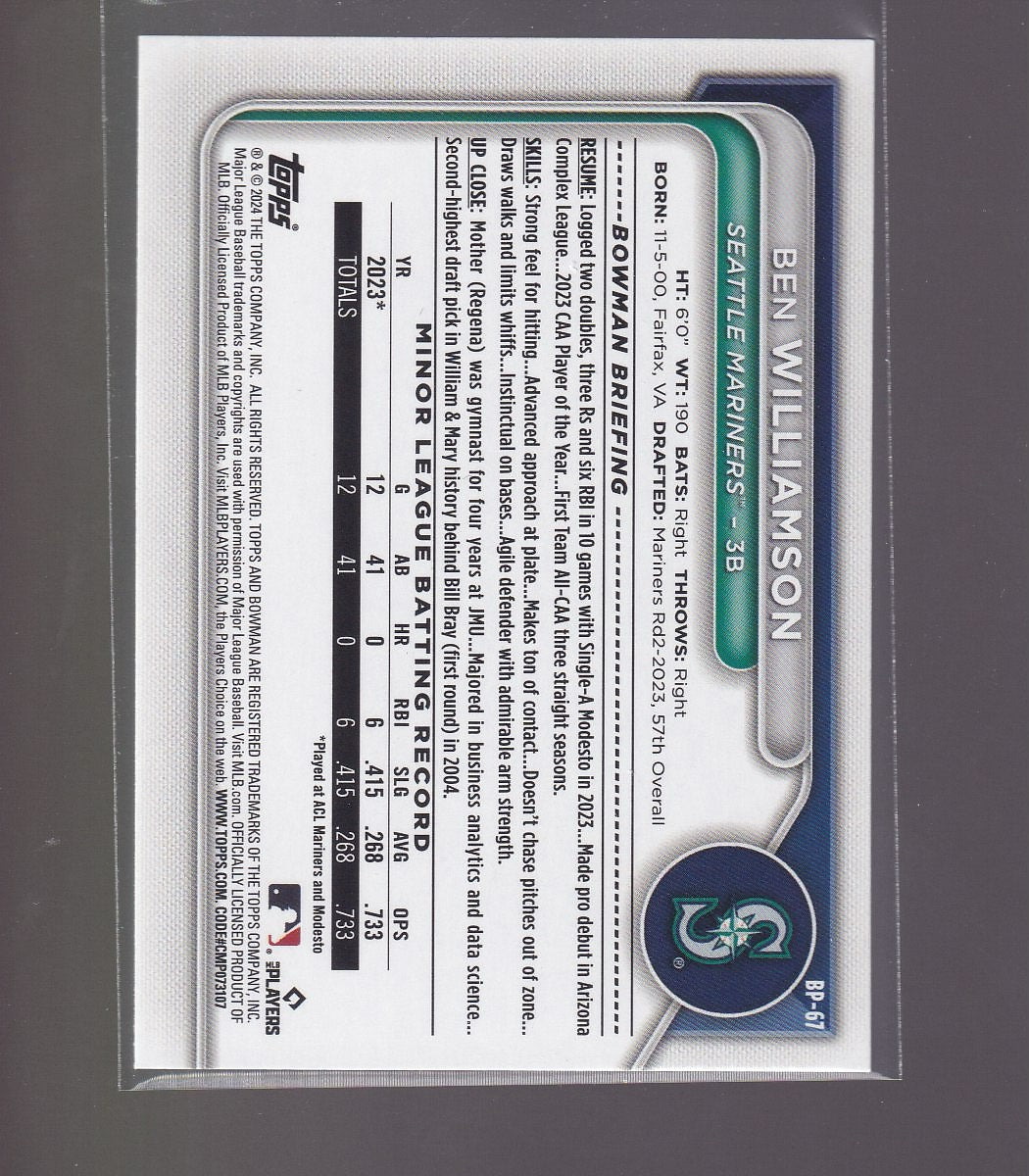 2024 Bowman #BP-67 Ben Williamson Prospects Neon Green #/399
