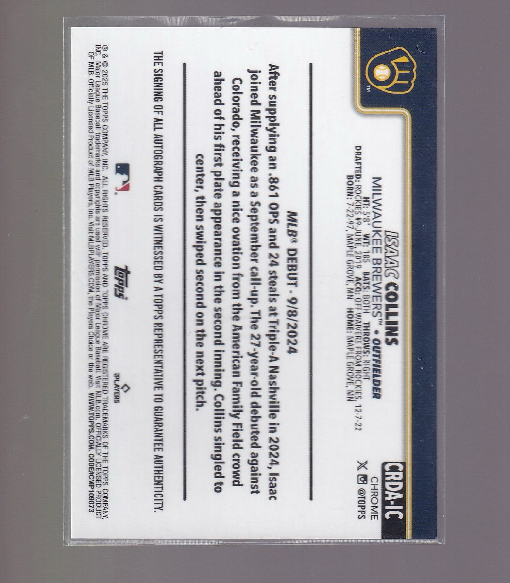 2025 Topps Chrome Update #CRDA-IC Isaac Collins Rookie Debut Autographs